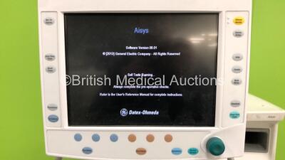 GE Datex Ohmeda Aisys Anaesthesia Machine *System Software - 08.01* with Aladin2 Isoflurane Vaporizer, GE E-CAiOV Gas Module with Spirometry Option and D-fend Water Trap *Mfd - 01/2009*, Bellows and Hoses (Powers Up) *ANAP00418 / 6491947 / BGAN00150* - 2