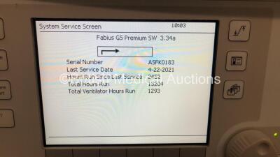 Drager Fabius GS Premium Anaesthesia Machine *Mfd - 2014* Software Version 3.34a - Total Run Hours - 13204 Total Vent Hours - 1293 with Bellows, Absorber and Hoses (Powers Up) - 3