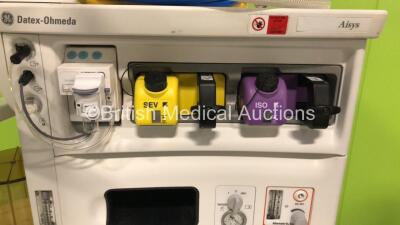 GE Datex Ohmeda Aisys Anaesthesia Machine *Software Version - 08.01* with Aladin2 Isoflurane Vaporizer, Aladin2 Sevoflurane Vaporizer, GE E-CAiOV Gas Module with Spirometry Option, Fresh Gas Module *Mfd - 12/2010* and Mini D-fend Water Trap, Bellows and H - 4