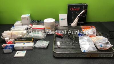 Job Lot of Dental Accessories Including Disposable Scalpels, Adrenaline Injections, Impression Materials, Saliva Ejectors, Scissors, DRS Light and Coltene S-723OUK Power Supply with Metal Tray