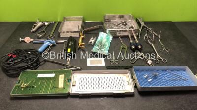 Mixed Lot Including 1 x Stryker 2115 Battery Pack, 1 x Lemo Swiss 05.001.021 Connection Lead, 3 x Surgical Instrument Trays and Various Surgical Instruments