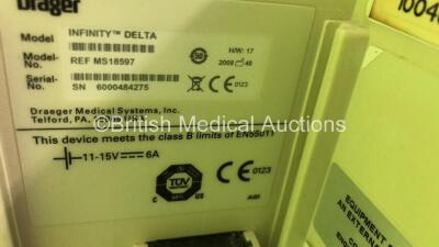 2 x Drager Infinity Delta Patient Monitors with HemoMed1 NIBP, Aux/Hemo3 and MultiMed Options, Docking Stations and Power Supplies on Stands (Both Power Up, 1 with Blank Screen and Damaged Casing - See Photo) *6000484275 / 4000478077* - 7