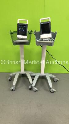 2 x Mindray VS-600 Vital Signs Monitors with SPO2 and NIBP Options and 1 x NIBP Cuff and Hose with Stands (Both Power Up, 1 with Blank Screen, 1 x Missing Battery Casing - See Photo) *FU-4B002279 / FU-4B002327*