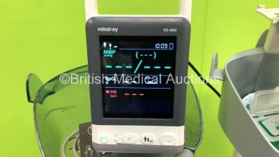 2 x Mindray VS-600 Vital Signs Monitors with SPO2 and NIBP Options and 1 x NIBP Cuff and Hose with Stands (Both Power Up, 1 with Blank Screen, 1 x Missing Battery Casing - See Photo) *FU-4B002279 / FU-4B002327* - 2