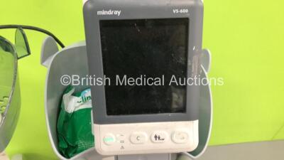 2 x Mindray VS-600 Vital Signs Monitors with SPO2 and NIBP Options and 1 x NIBP Cuff and Hose with Stands (Both Power Up, 1 with Blank Screen, 1 x Missing Battery Casing - See Photo) *FU-4B002279 / FU-4B002327* - 5