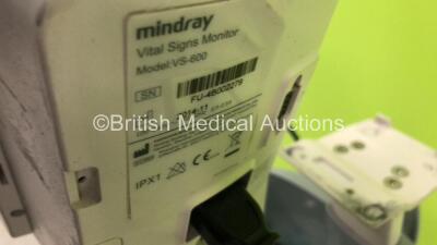 2 x Mindray VS-600 Vital Signs Monitors with SPO2 and NIBP Options and 1 x NIBP Cuff and Hose with Stands (Both Power Up, 1 with Blank Screen, 1 x Missing Battery Casing - See Photo) *FU-4B002279 / FU-4B002327* - 7