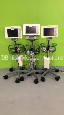 3 x Drager Infinity Delta Patient Monitors with HemoMed1, NIBP, Aux/Hemo3 and MultiMed Options, 3 x 3 Lead ECG Leads, 2 x SPO2 Finger Sensors, 2 x NIBP Hoses with 1 x Cuff, 3 x Docking Stations and 3 x Power Supplies on Stands (All Power Up, All Damaged C