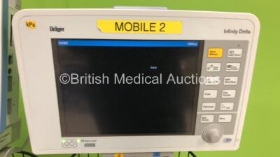 3 x Drager Infinity Delta Patient Monitors with HemoMed1, NIBP, Aux/Hemo3 and MultiMed Options, 3 x 3 Lead ECG Leads, 2 x SPO2 Finger Sensors, 2 x NIBP Hoses with 1 x Cuff, 3 x Docking Stations and 3 x Power Supplies on Stands (All Power Up, All Damaged C - 2