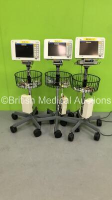 3 x Drager Infinity Delta Patient Monitors with HemoMed1, NIBP, Aux/Hemo3 and MultiMed Options, 2 x 5 Lead ECG Leads, 1 x 3 Lead ECG Leads, 2 x SPO2 Finger Sensors, 2 x NIBP Hoses with 1 x Cuff, 3 x Docking Stations and 3 x Power Supplies on Stands (All P