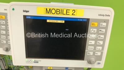 3 x Drager Infinity Delta Patient Monitors with HemoMed1, NIBP, Aux/Hemo3 and MultiMed Options, 2 x 5 Lead ECG Leads, 1 x 3 Lead ECG Leads, 2 x SPO2 Finger Sensors, 2 x NIBP Hoses with 1 x Cuff, 3 x Docking Stations and 3 x Power Supplies on Stands (All P - 2