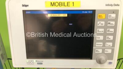 3 x Drager Infinity Delta Patient Monitors with HemoMed1, NIBP, Aux/Hemo3 and MultiMed Options, 2 x 5 Lead ECG Leads, 1 x 3 Lead ECG Leads, 2 x SPO2 Finger Sensors, 2 x NIBP Hoses with 1 x Cuff, 3 x Docking Stations and 3 x Power Supplies on Stands (All P - 5