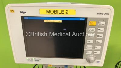 3 x Drager Infinity Delta Patient Monitors with HemoMed1, NIBP, Aux/Hemo3 and MultiMed Options, 2 x 5 Lead ECG Leads, 1 x 3 Lead ECG Leads, 2 x SPO2 Finger Sensors, 2 x NIBP Hoses with 1 x Cuff, 3 x Docking Stations and 3 x Power Supplies on Stands (All P - 8