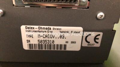 GE Datex-Ohmeda F-CM1-04 Anaesthesia Monitor (Powers Up) with 1 x Datex-Ohmeda Type M-PRESTN..01 Module *Mfd 2005* and 1 x Datex-Ohmeda Type M-CAIOV..03 Gas Module with Spirometry and D-Fend Water Trap *Mfd 2003* **SN 6006486 - 5227338 - 5035310* - 3