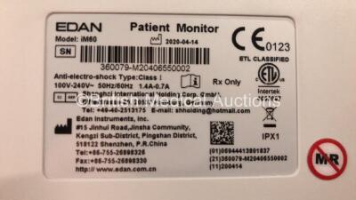 2 x EDAN iM60 Touch Screen Patient Monitors Including ECG, SpO2, NIBP, IBP1, IBP2, T1, T2 and CO2 Module Holder Options with 2 x Batteries, 2 x BP Hoses, 2 x BP Cuff, 2 x IBP Pressure Transducers, 2 x SpO2 Sensors, 2 x CO2 Sampling Lines, 2 x AC Power Cab - 4