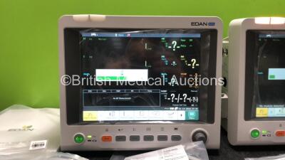 2 x EDAN iM60 Touch Screen Patient Monitors Including ECG, SpO2, NIBP, IBP1, IBP2, T1, T2 and CO2 Module Holder Options with 2 x Batteries, 2 x BP Hoses, 2 x BP Cuff, 2 x IBP Pressure Transducers, 2 x SpO2 Sensors, 2 x CO2 Sampling Lines, 2 x AC Power Cab - 2