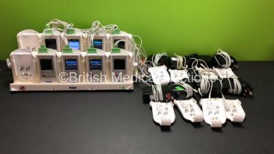 1 x Drager Infinity M300 Central Charger Unit (Powers Up) with 8 x Drager Infinity M300 Patient Telemetry Monitors, 8 x Drager MP03401 ECG Leads and 8 x Drager MS29558 Bedside Chargers