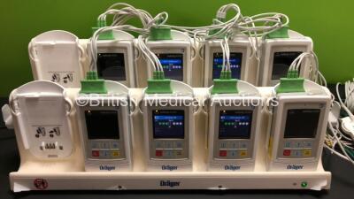 1 x Drager Infinity M300 Central Charger Unit (Powers Up) with 8 x Drager Infinity M300 Patient Telemetry Monitors, 8 x Drager MP03401 ECG Leads and 8 x Drager MS29558 Bedside Chargers - 2