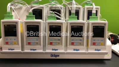 1 x Drager Infinity M300 Central Charger Unit (Powers Up) with 9 x Drager Infinity M300 Patient Telemetry Monitors, 12 x Drager MP03401 ECG Leads and 6 x Drager MS29558 Bedside Chargers - 2