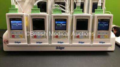 1 x Drager Infinity M300 Central Charger Unit (Powers Up) with 9 x Drager Infinity M300 Patient Telemetry Monitors, 12 x Drager MP03401 ECG Leads and 6 x Drager MS29558 Bedside Chargers - 3