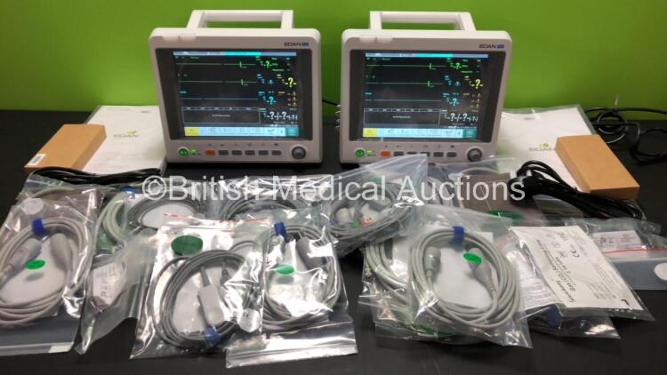 2 x EDAN iM60 Touch Screen Patient Monitors Including ECG, SpO2, NIBP, IBP1, IBP2, T1, T2 and CO2 Module Holder Options with 2 x Batteries, 2 x BP Hoses, 2 x BP Cuff, 2 x IBP Pressure Transducers, 2 x SpO2 Sensors, 2 x CO2 Sampling Lines, 2 x AC Power Cab