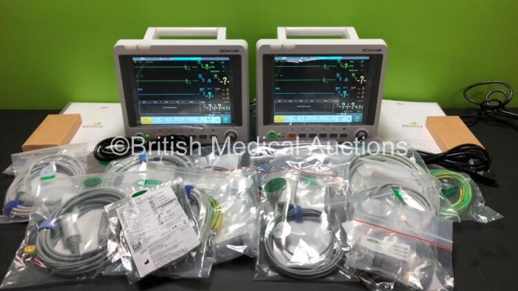 2 x EDAN iM60 Touch Screen Patient Monitors Including ECG, SpO2, NIBP, IBP1, IBP2, T1, T2 and CO2 Module Holder Options with 2 x Batteries, 2 x BP Hoses, 2 x BP Cuff, 2 x IBP Pressure Transducers, 2 x SpO2 Sensors, 2 x CO2 Sampling Lines, 2 x AC Power Cab