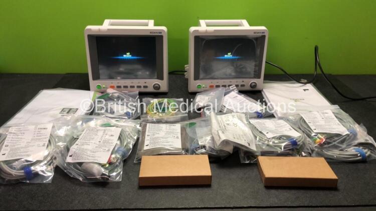 2 x EDAN iM60 Touch Screen Patient Monitors Including ECG, SpO2, NIBP, IBP1, IBP2, T1, T2 and CO2 Module Holder Options with 2 x Batteries, 2 x BP Hoses, 2 x BP Cuff, 2 x IBP Pressure Transducers, 2 x SpO2 Sensors, 2 x CO2 Sampling Lines, 2 x AC Power Cab