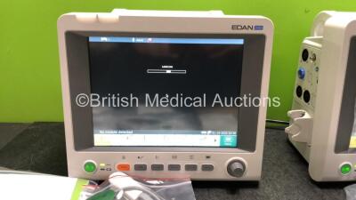 2 x EDAN iM60 Touch Screen Patient Monitors Including ECG, SpO2, NIBP, IBP1, IBP2, T1, T2 and CO2 Module Holder Options with 2 x Batteries, 2 x BP Hoses, 2 x BP Cuff, 2 x IBP Pressure Transducers, 2 x SpO2 Sensors, 2 x CO2 Sampling Lines, 2 x AC Power Cab - 2