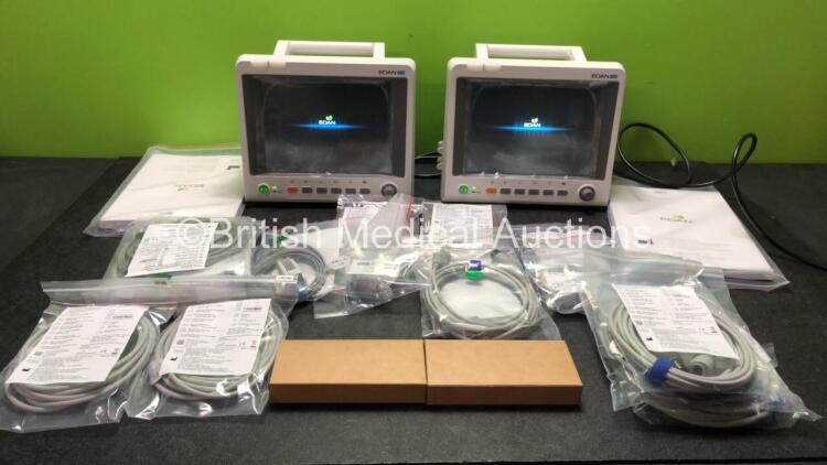 2 x EDAN iM60 Touch Screen Patient Monitors Including ECG, SpO2, NIBP, IBP1, IBP2, T1, T2 and CO2 Module Holder Options with 2 x Batteries, 2 x BP Hoses, 2 x BP Cuff, 2 x IBP Pressure Transducers, 2 x SpO2 Sensors, 2 x CO2 Sampling Lines, 2 x AC Power Cab