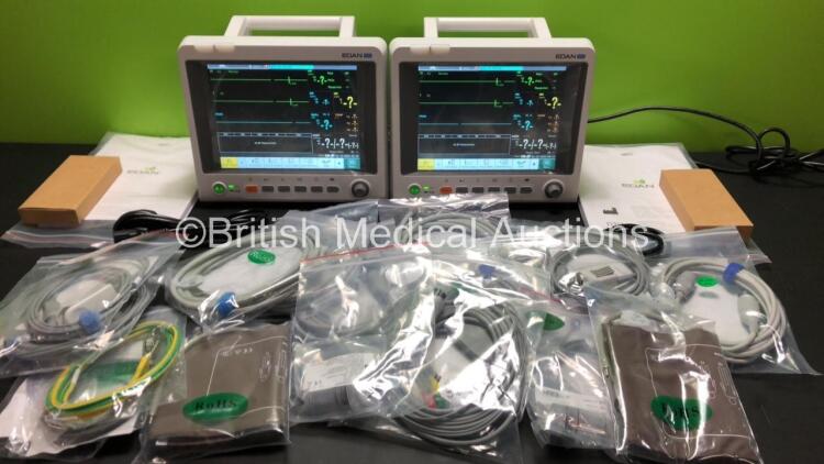 2 x EDAN iM60 Touch Screen Patient Monitors Including ECG, SpO2, NIBP, IBP1, IBP2, T1, T2 and CO2 Module Holder Options with 2 x Batteries, 2 x BP Hoses, 2 x BP Cuff, 2 x IBP Pressure Transducers, 2 x SpO2 Sensors, 2 x CO2 Sampling Lines, 2 x AC Power Cab