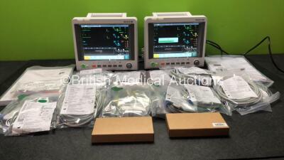 2 x EDAN iM60 Touch Screen Patient Monitors Including ECG, SpO2, NIBP, IBP1, IBP2, T1, T2 and CO2 Module Holder Options with 2 x Batteries, 2 x BP Hoses, 2 x BP Cuff, 2 x IBP Pressure Transducers, 2 x SpO2 Sensors, 2 x CO2 Sampling Lines, 2 x AC Power Cab