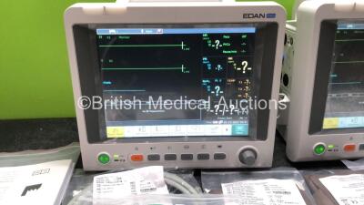 2 x EDAN iM60 Touch Screen Patient Monitors Including ECG, SpO2, NIBP, IBP1, IBP2, T1, T2 and CO2 Module Holder Options with 2 x Batteries, 2 x BP Hoses, 2 x BP Cuff, 2 x IBP Pressure Transducers, 2 x SpO2 Sensors, 2 x CO2 Sampling Lines, 2 x AC Power Cab - 2