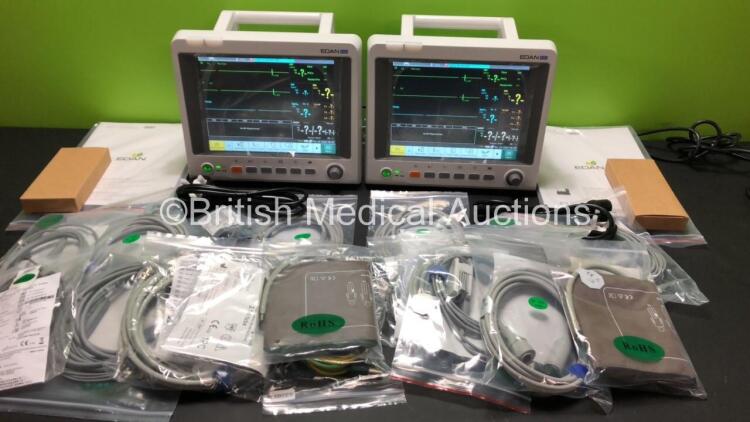 2 x EDAN iM60 Touch Screen Patient Monitors Including ECG, SpO2, NIBP, IBP1, IBP2, T1, T2 and CO2 Module Holder Options with 2 x Batteries, 2 x BP Hoses, 2 x BP Cuff, 2 x IBP Pressure Transducers, 2 x SpO2 Sensors, 2 x CO2 Sampling Lines, 2 x AC Power Cab