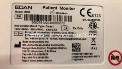 2 x EDAN iM60 Touch Screen Patient Monitors Including ECG, SpO2, NIBP, IBP1, IBP2, T1, T2 and CO2 Module Holder Options with 2 x Batteries, 2 x BP Hoses, 2 x BP Cuff, 2 x IBP Pressure Transducers, 2 x SpO2 Sensors, 2 x CO2 Sampling Lines, 2 x AC Power Cab - 4