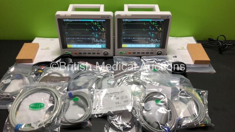 2 x EDAN iM60 Touch Screen Patient Monitors Including ECG, SpO2, NIBP, IBP1, IBP2, T1, T2 and CO2 Module Holder Options with 2 x Batteries, 2 x BP Hoses, 2 x BP Cuff, 2 x IBP Pressure Transducers, 2 x SpO2 Sensors, 2 x CO2 Sampling Lines, 2 x AC Power Cab