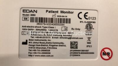 2 x EDAN iM60 Touch Screen Patient Monitors Including ECG, SpO2, NIBP, IBP1, IBP2, T1, T2 and CO2 Module Holder Options with 2 x Batteries, 2 x BP Hoses, 2 x BP Cuff, 2 x IBP Pressure Transducers, 2 x SpO2 Sensors, 2 x CO2 Sampling Lines, 2 x AC Power Cab - 4