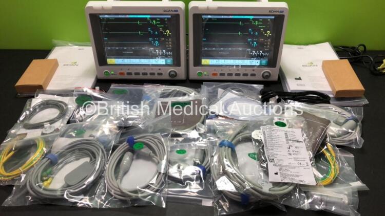 2 x EDAN iM60 Touch Screen Patient Monitors Including ECG, SpO2, NIBP, IBP1, IBP2, T1, T2 and CO2 Module Holder Options with 2 x Batteries, 2 x BP Hoses, 2 x BP Cuff, 2 x IBP Pressure Transducers, 2 x SpO2 Sensors, 2 x CO2 Sampling Lines, 2 x AC Power Cab