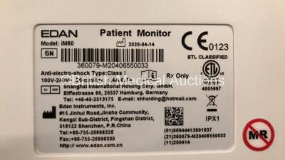 2 x EDAN iM60 Touch Screen Patient Monitors Including ECG, SpO2, NIBP, IBP1, IBP2, T1, T2 and CO2 Module Holder Options with 2 x Batteries, 2 x BP Hoses, 2 x BP Cuff, 2 x IBP Pressure Transducers, 2 x SpO2 Sensors, 2 x CO2 Sampling Lines, 2 x AC Power Cab - 4