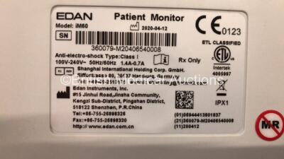 2 x EDAN iM60 Touch Screen Patient Monitors Including ECG, SpO2, NIBP, IBP1, IBP2, T1, T2 and CO2 Module Holder Options with 2 x Batteries, 2 x BP Hoses, 2 x BP Cuff, 2 x IBP Pressure Transducers, 2 x SpO2 Sensors, 2 x CO2 Sampling Lines, 2 x AC Power Cab - 5