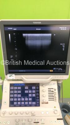 Toshiba Aplio XG Flat Screen Ultrasound Scanner Model SSA-790A with 2 x Transducers/Probes (1 x PLT-604AT and 1 x PVT-674BT * Mfd April 2020 *) and Sony Video Graphic Printer UP-895MD (Powers Up-General Marks to Side Trim-110V-Adapter Not Included) * SN 9 - 4