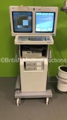 GE OEC 9800 Plus Mobile C-Arm with Vas 8 Dual Screen Image Intensifier,Sony Video Graphic Printer UP-980CE * Damaged *,Operating Manuals and Exposure Hand Trigger (Powers Up with Error-See Photo-No Key-Unable to Take Exposure Due to No Key) * SN 89-3416 * - 2