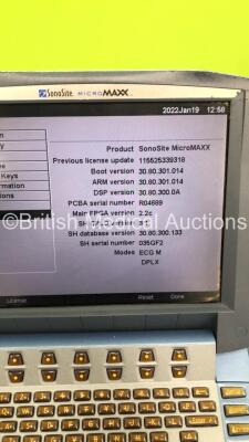 SonoSite MicroMaxx Portable Ultrasound Scanner Ref P05361-02 Boot Version 30.80.301.014 ARM Version 30.80.301.014 with 2 x Transducer/Probes (1 x L38e/10-5 * Mfd Nov 2005 * and 1 x ICT/8-5 * Mfd Aug 2005 *) and Sony Video Graphic Printer UP-897MD on Mobil - 4