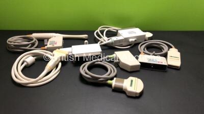 Job Lot Including 1 x GE 7L Ultrasound Transducer / Probe (Damaged Head - See Photo), 1 x GE 3.5C Ultrasound Transducer / Probe, 1 x Toshiba PVF-621VT Ultrasound Transducer / Probe, 1 x Toshiba PVF-375MT Ultrasound Transducer / Probe and 1 x Toshiba PLF-7