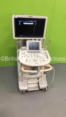 Philips iU22 Flat Screen Ultrasound Scanner Software Version 5.2.2.44 with 4 x Transducers/Probes (1 x L9-3,1 x C8-4V,1 x L17-5 and 1 x Pencil Probe), Sony Digital Graphic Printer UP-D897 and ECG Leads on F.2 Cart (Powers Up-See Photos for Air Scans) * SN