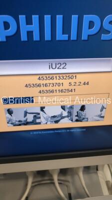 Philips iU22 Flat Screen Ultrasound Scanner Software Version 5.2.2.44 with 4 x Transducers/Probes (1 x L9-3,1 x C8-4V,1 x L17-5 and 1 x Pencil Probe), Sony Digital Graphic Printer UP-D897 and ECG Leads on F.2 Cart (Powers Up-See Photos for Air Scans) * SN - 16