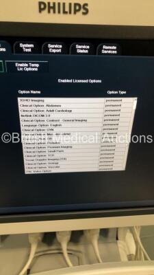 Philips iU22 Flat Screen Ultrasound Scanner Software Version 5.2.2.44 with 4 x Transducers/Probes (1 x L9-3,1 x C8-4V,1 x L17-5 and 1 x Pencil Probe), Sony Digital Graphic Printer UP-D897 and ECG Leads on F.2 Cart (Powers Up-See Photos for Air Scans) * SN - 19