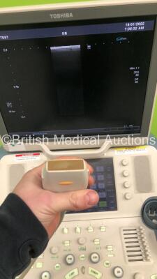 Toshiba Xario XG Flat Screen Ultrasound Scanner Model SSA-680A with 2 x Transducers/Probes (1 x PVT-375BT * Mfd Jan 2019 * and 1 x PLT-604AT * Mfd Jan 2013 *) (Powers Up-110V-Adapter Not Included-General Marks to Side Panels) * SN 99F1033876 * * Mfd March - 6