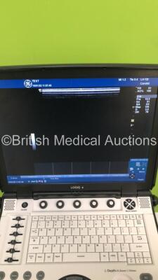 GE Logiq e Portable Flat Screen Ultrasound Scanner Software Version R9.0.2 with 3 x Transducers/Probes (1 x L4-12TRS * Mfd June 2015 *,1 x 3SCRS * Mfd August 2015 * and C1-5RS * Mfd July 2015 *) with Power Supply on GE Advanced Isolation Cart (Powers Up-S - 3