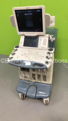 Toshiba Aplio XV Flat Screen Ultrasound Scanner Model SSA-770A with 2 x Transducers/Probes (1 x PLT-1204AT * Mfd Jan 2007 * and 1 x PST-65AT) (Powers Up-110V-Adapter Not Included-Damage to Both Side Panels-See Photos-Only 1 x Transducer is Compatible with