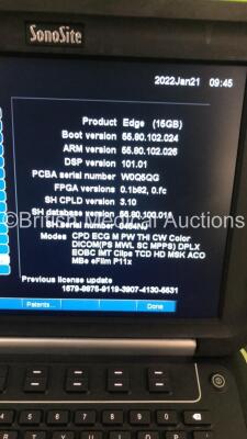 SonoSite Edge Portable Ultrasound Scanner Ref P15000-11 *S/N 03NNBV* **Mfd 02/2010** Boot Version 55.80.102.024 ARM Version 55.80.102.026 with 1 x Transducer / Probe (HFL50x/15-6 MHz Ref P07693-70 *Mfd 2016*) on SonoSite Cart (Powers Up) - 8