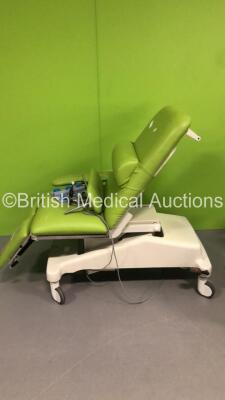 Huntleigh Akron Electric 3-Way Gyne/Patient Examination Couch with Stirrups and Footswitch (Powers Up-Damage to Stirrup Cushion and Marked Cushions) * SN 01036 *